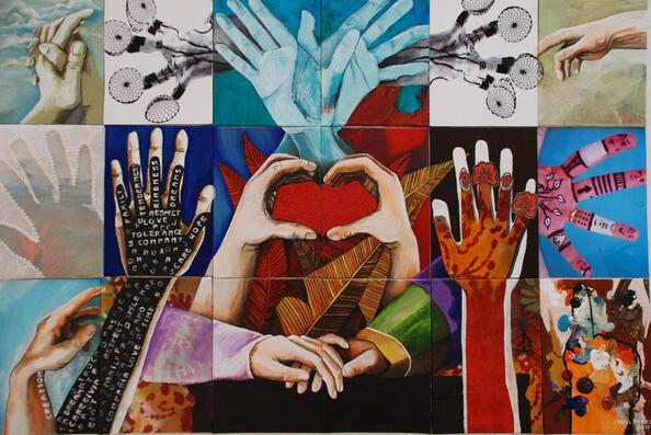 Hands represent love and caring. This is a mixed media and photography art piece on wood. Is a permanent collection at the City of Sunrise, FL.