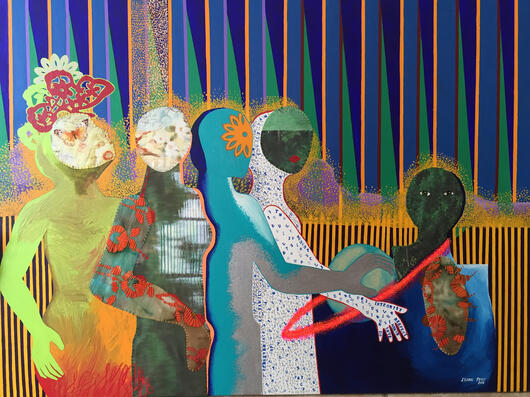 Looking at You is a colorful and mixed media acrylic painting, and fabric stitched on canvas. This painting is part of the show Viva Fort Lauderdale 2025, in celebration of the Hispanic Heritage at the Museum of History For Lauderdale ,FL-USA