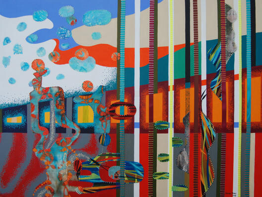 When the colors of nature and skies blends. This is an acrylic painting and fabric stitched on canvas.