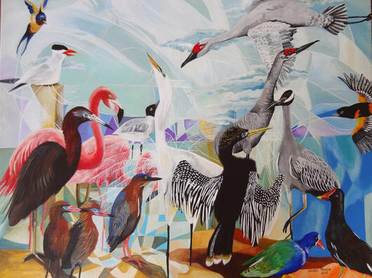 Florida Birds is an acrylic painting on Canvas. the painting won Best in show and was selected as the Image for The Coral Springs Festival of The art Poster.