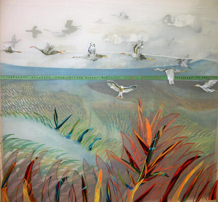 Birds crossing the Florida skies. Layers of paintings and organza silk , and fabric stitched on canvas.This painting was one of the main pieces from my solo show "BETWEEN TWO LANDS" at the Coral Springs museum of Art. Private collection