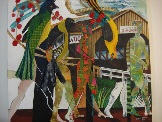 Mixed media Painting on canvas. Walking in Coral Springs is a permanent Collection at the Coral Springs Museum of Art, FL-USA