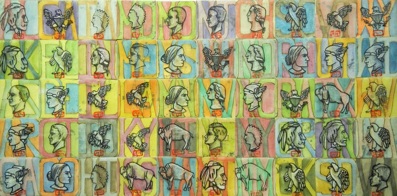 Mixed media and silk on aper and wood. Symbols is part of my solo show Project 50 granted by the Broward cultural Division. This piece is inspired by the design of the American Coins.